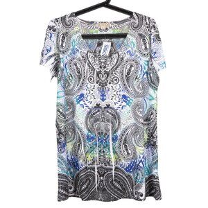 Energie Shirt L Womens NEW Paisley Short Sleeve Black Green Blue Gems Spring